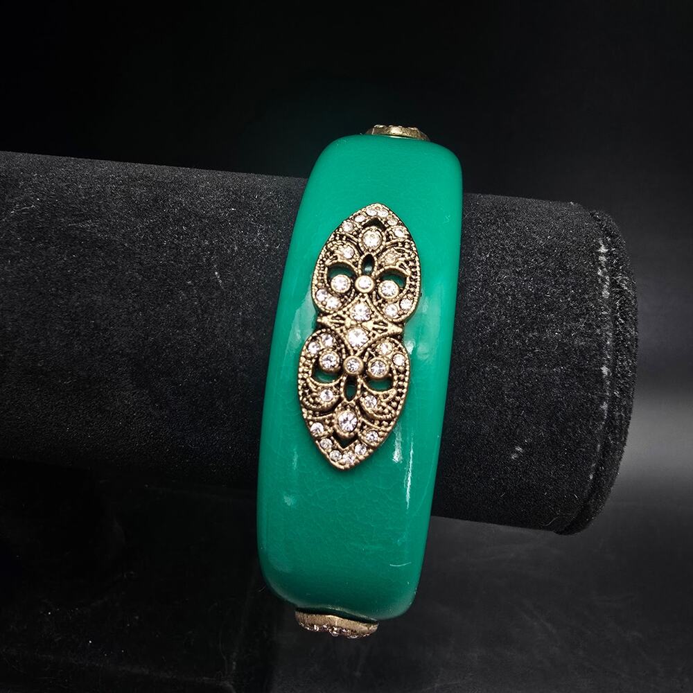 Premier Design Green Rhinestone Bangle Bracelet Gold Tone Details